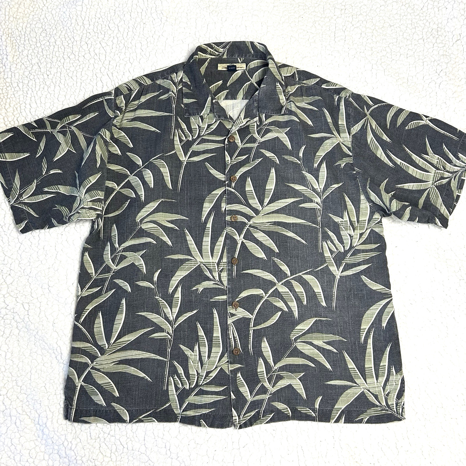 Tommy Bahama Silk Camp Shirt Mens XL Heather Gray Green Leaf Tropical Hawaiian