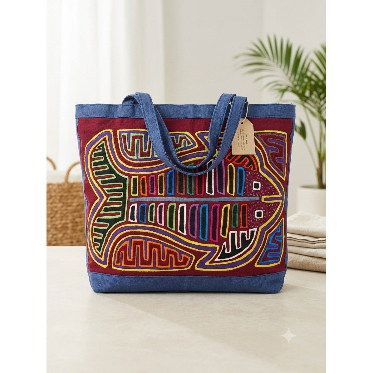 Vintage Panama Mola Art Tote Bag Hand Embroidered Fish Design Canvas Shoulder