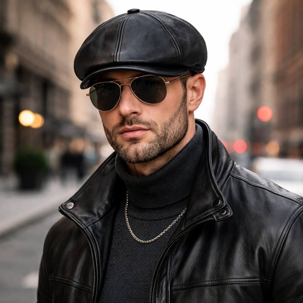 Men’s Real Leather Gatsby Black Cap Golf Driving Ascot Flat Cabbie Ivy Newsboy