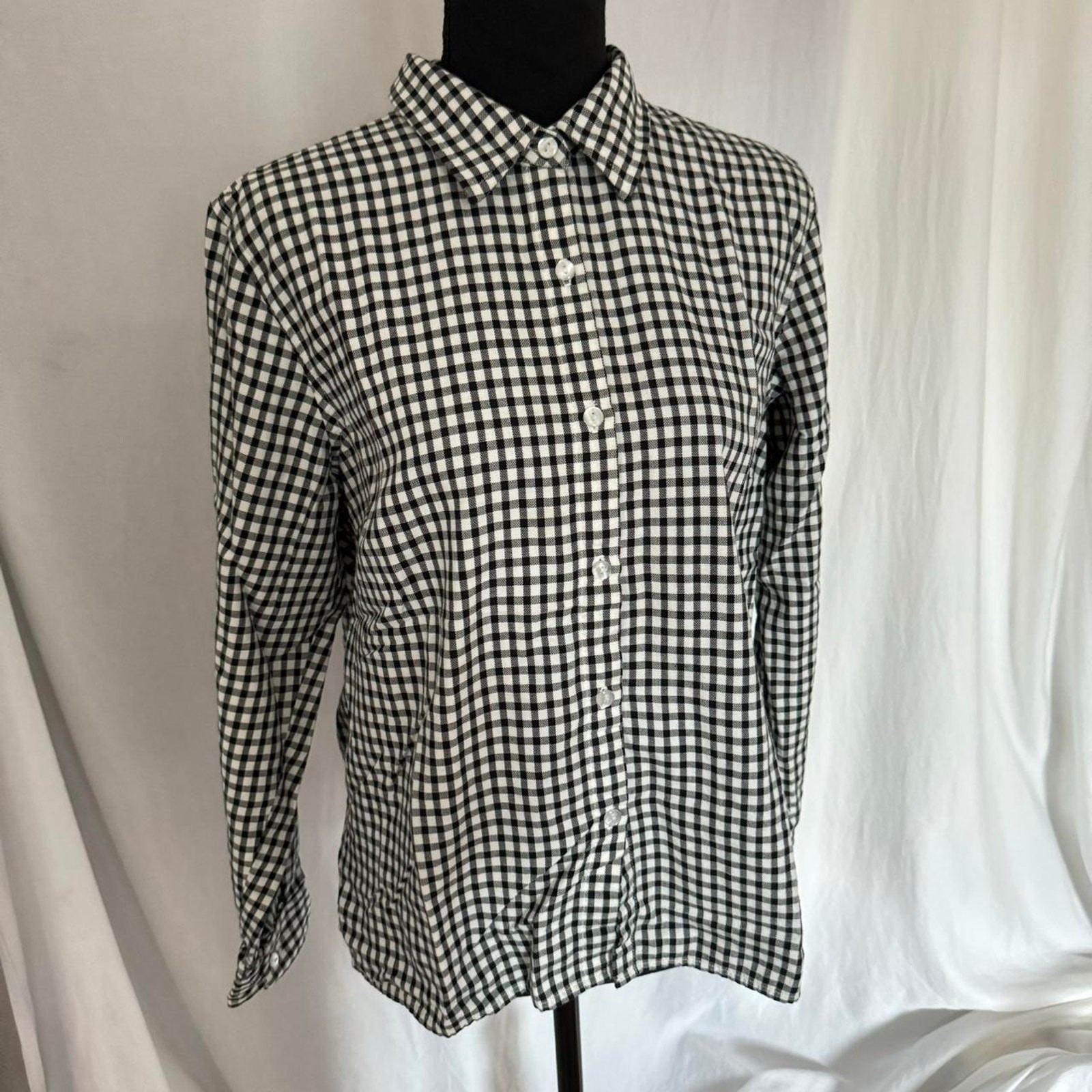 white black gingham button up collared shirt sz14P cotton preppy country classic