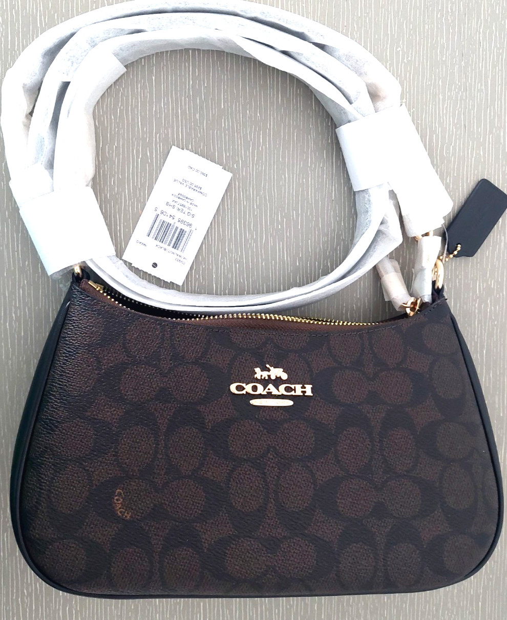 NWT Coach Teri Shoulder Crossbody Bag Signature Canvas Gold Walnut Black CV933