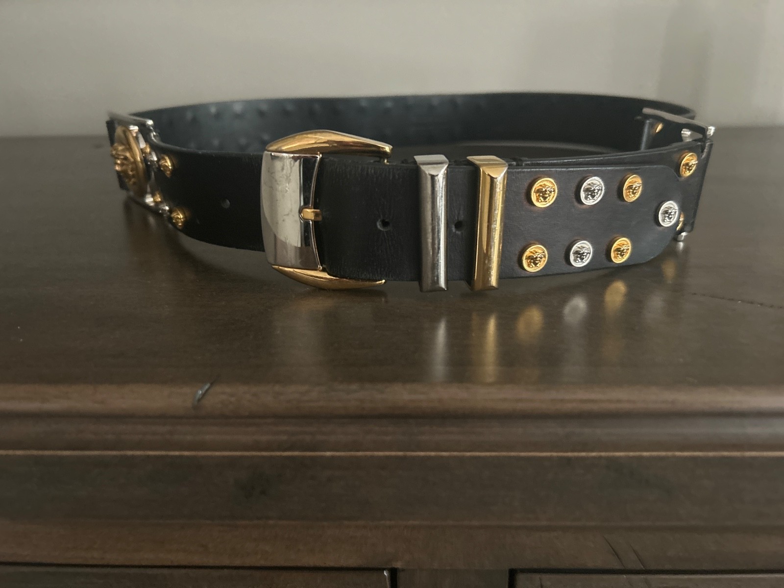 1990’s Gianni Versace Medusa Head Gold & Silver Stud Leather Belt