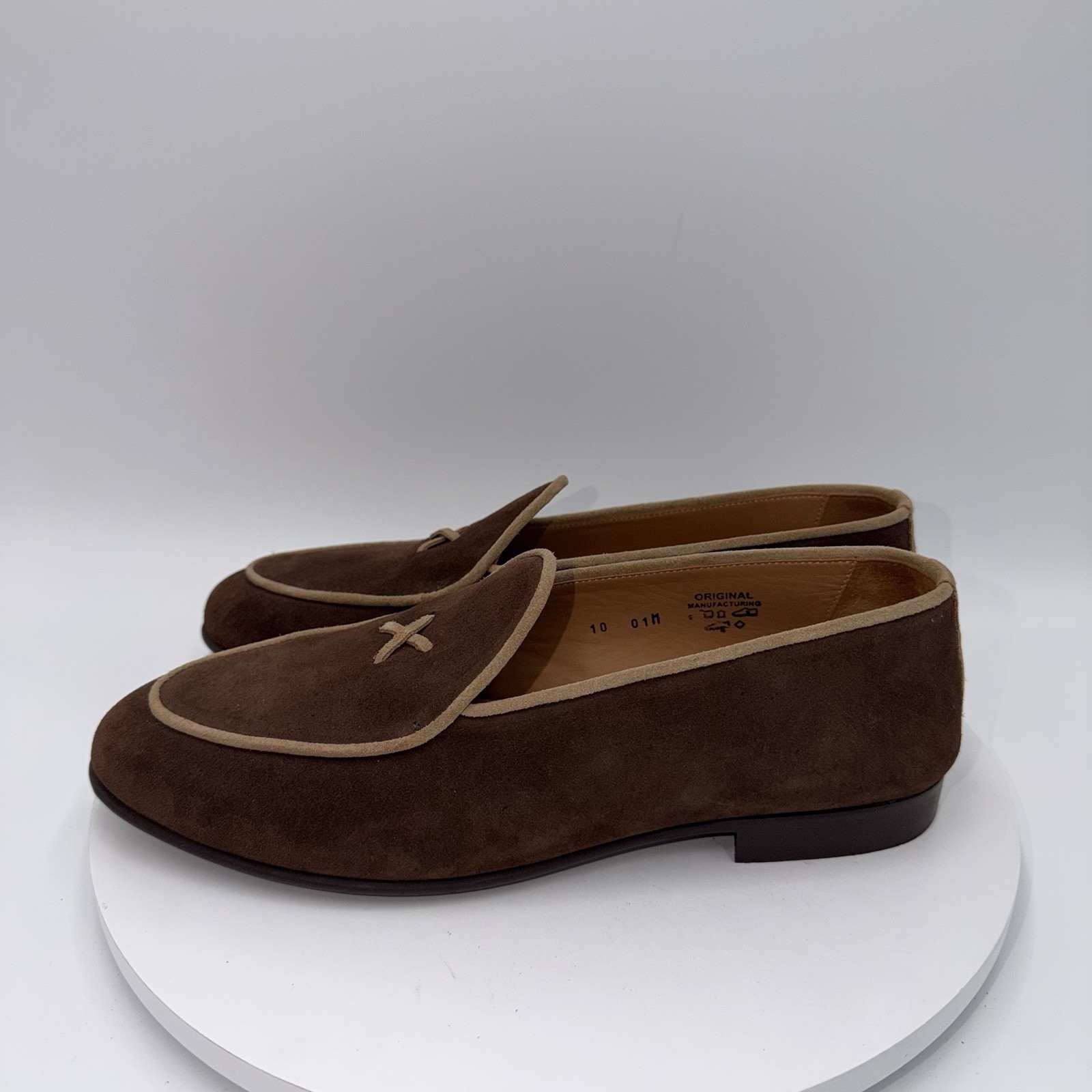 Del Toro Belgian loafers Brown Suede Mens Dress Shoes Almond Toe Leather Size 10