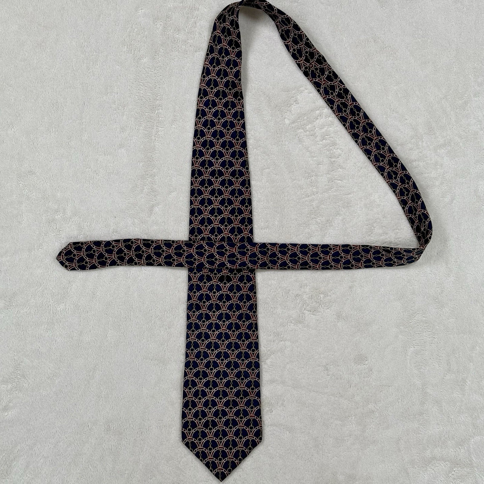 Tom James 100% Silk Tie Navy Red Gold Equestrian Bit Ring USA