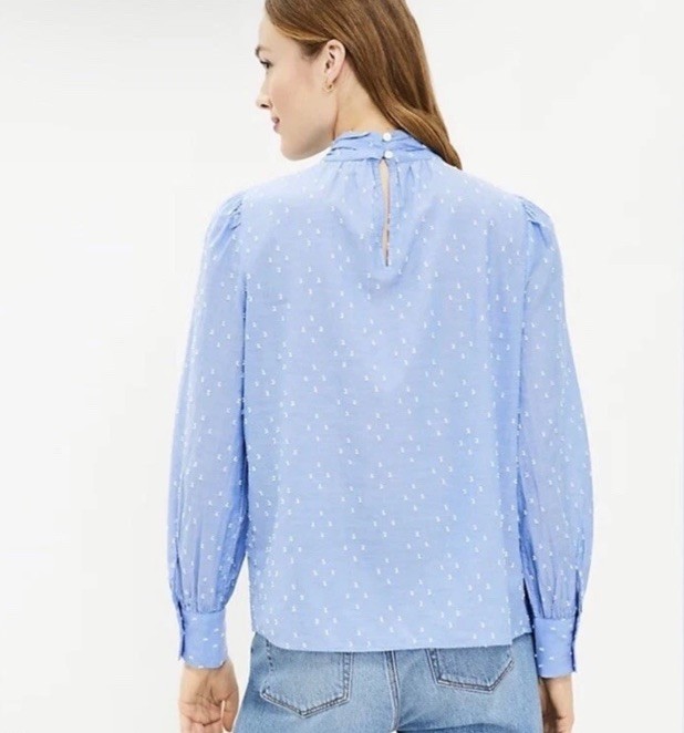 LOFT Clip Mock Neck Long Sleeve Blouse Blue Size XXS Cotton Light Feminine EUC