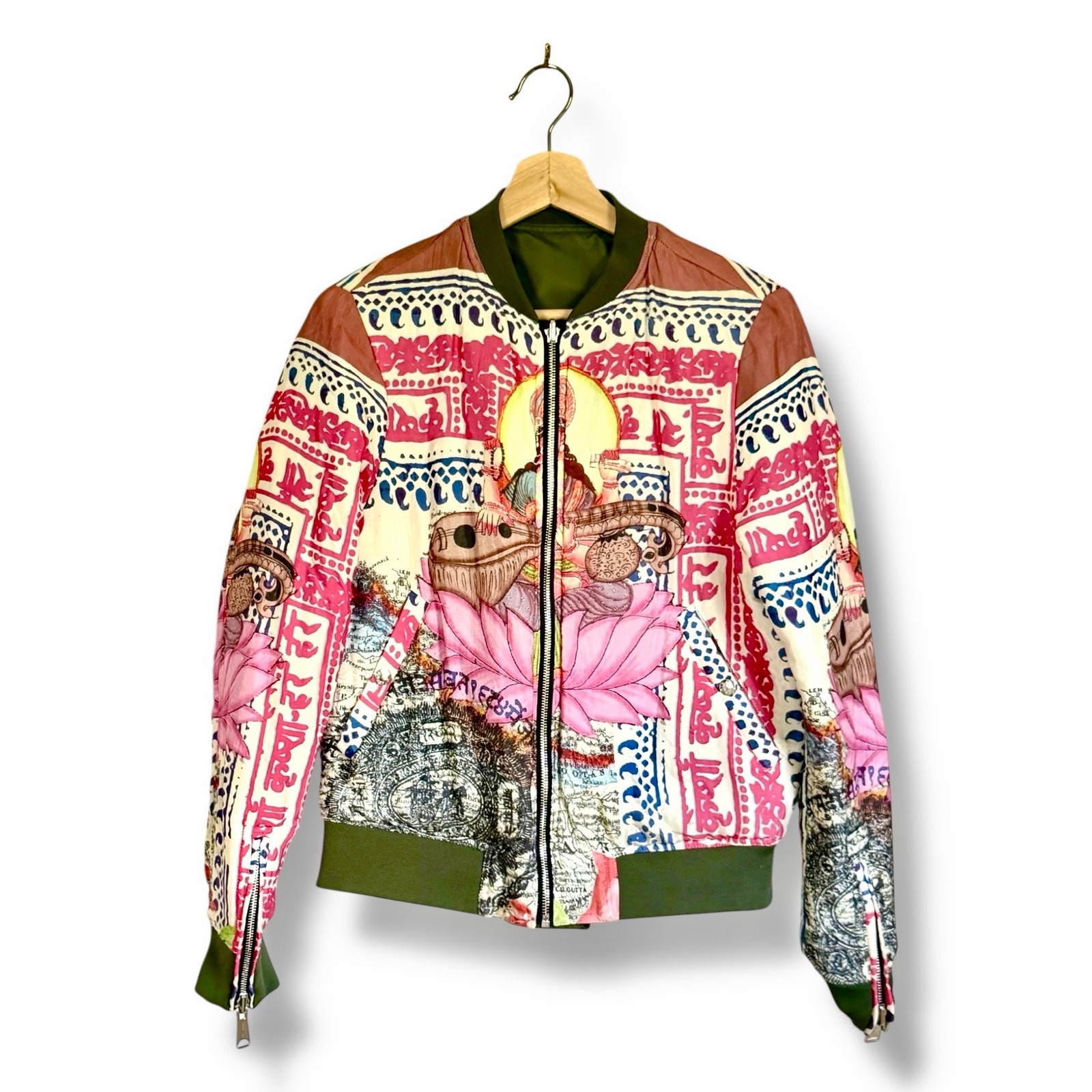 Replay Reversible MA-1 Bomber Jacket Small Olive Green Lotus Goddess Graphic