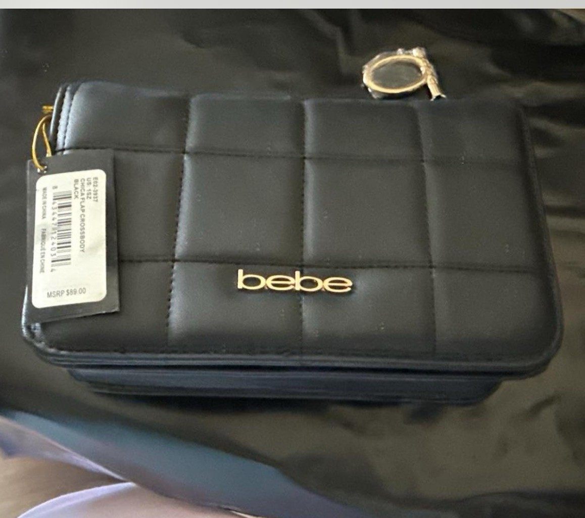bebe Quilted Black Crossbody Bag Zip Gold Logo Hardware Chain Detachable Strap