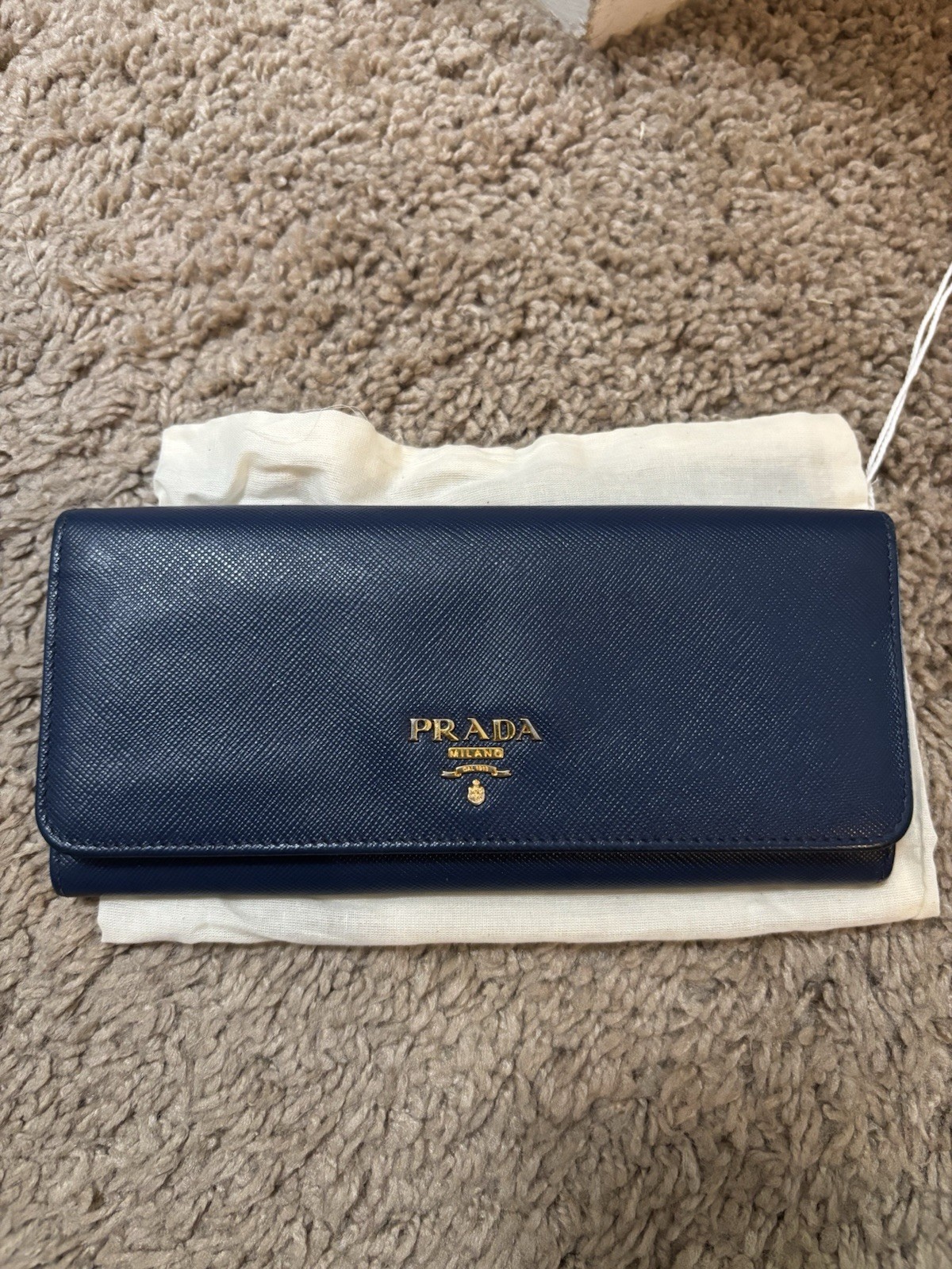 PRADA Blue Women’s Folding Wallet Credit Card Holder w/ Zip Pocket Gold Logo