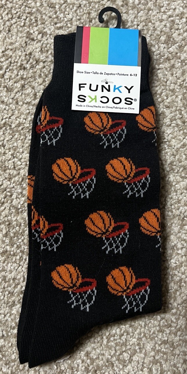 MENS FUNKY SOCKS BASKETBALL & HOOP BLACK CREW SOCKS (SHOE SIZE 6-12)