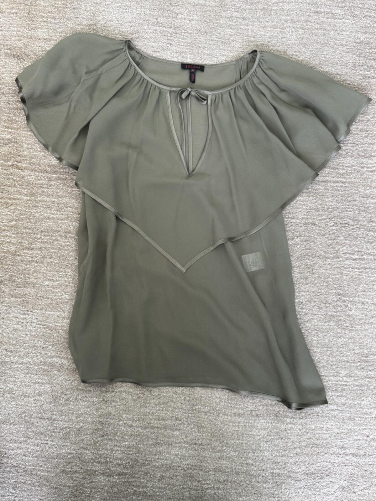 Escada Silk Sheer Olive Flutter Sleeve Tie-Neck Blouse