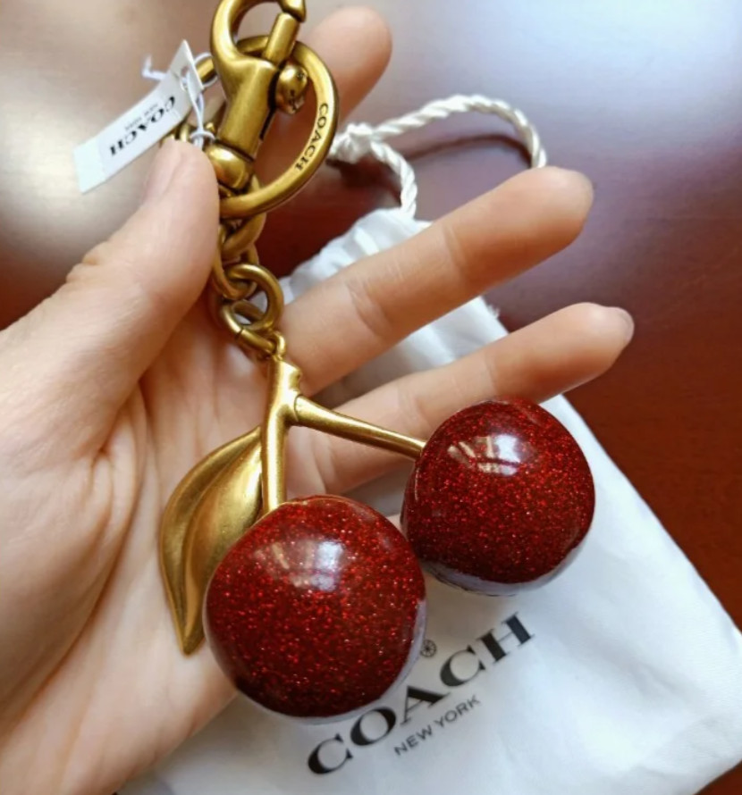 New Coach Red Cherry Apple Bag Charm Keychain Resin Metal Brass Purse Decoration