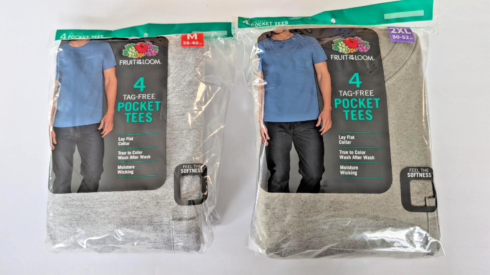 Fruit of the Loom Men’s Lay Flat Pocket Tees 4 Pk, Gray, Sz M & 2XL Color Varies