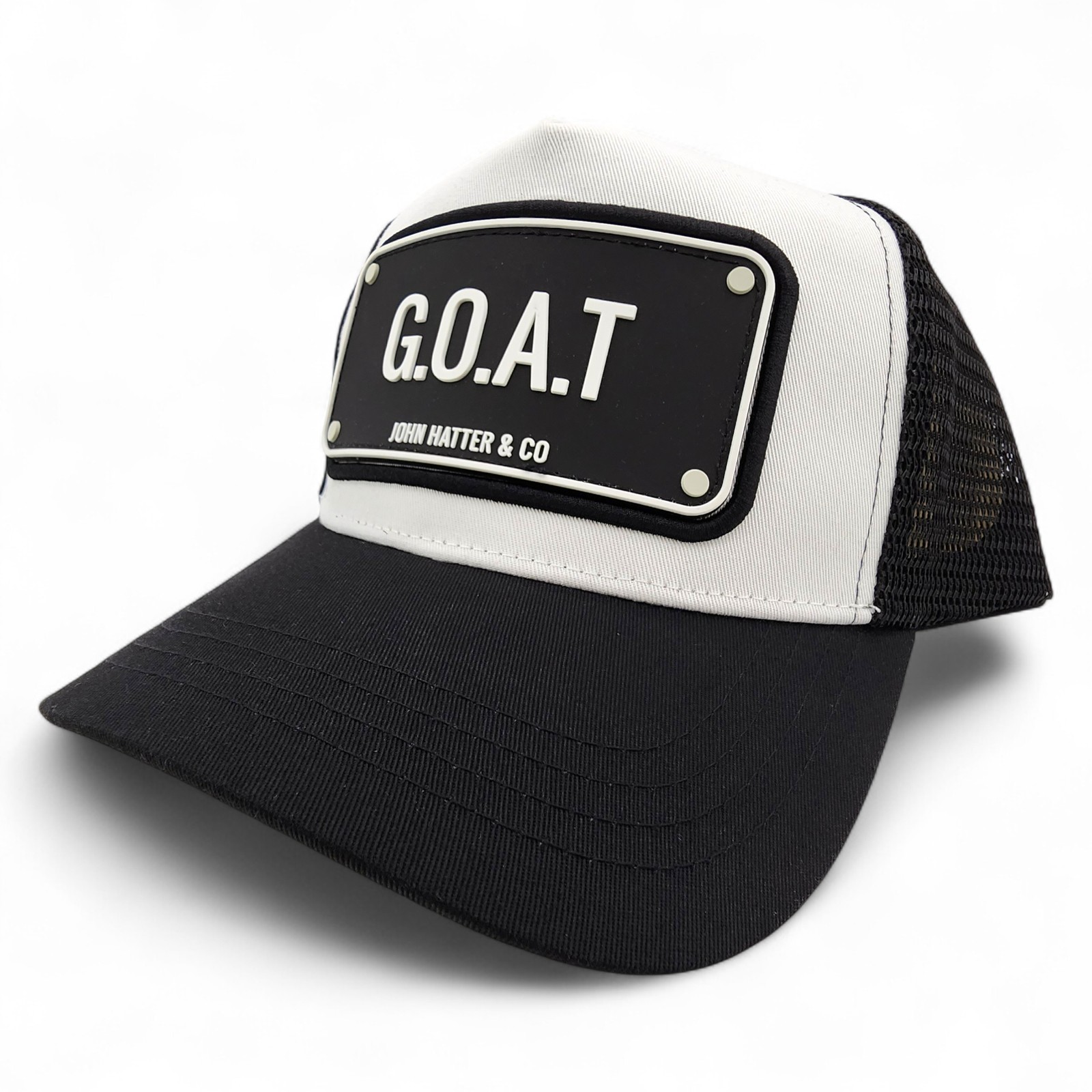 John Hatter & Co Black/White Trucker Hat – G.O.A.T – RUBBER PLAQUE-New With Tag