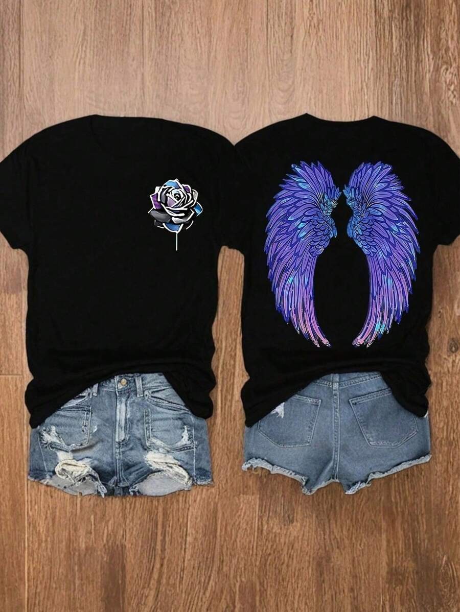 Angel Wings & Rose Print Crew Neck T-Shirt, Casual Short Sleeve T-Shirt