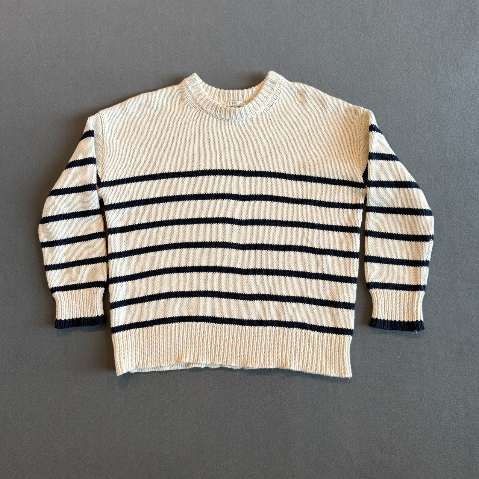Z Supply Women’s Small Cream Navy Striped Crewneck Sweater Nautical Coastal