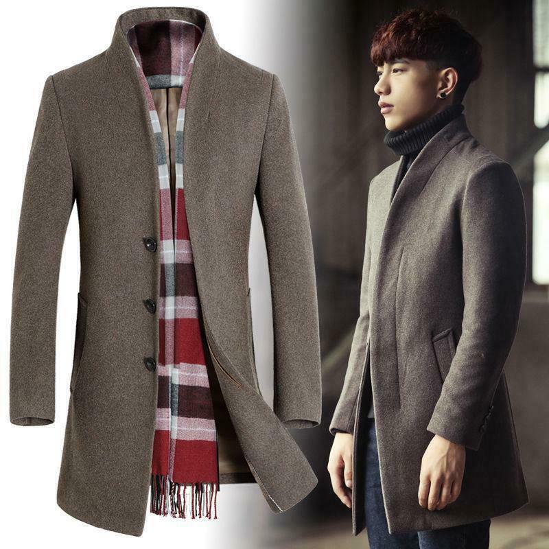Men’s Wool Blend Mid Length Jacket Formal Stand Collar Slim Trench Coat Oversize