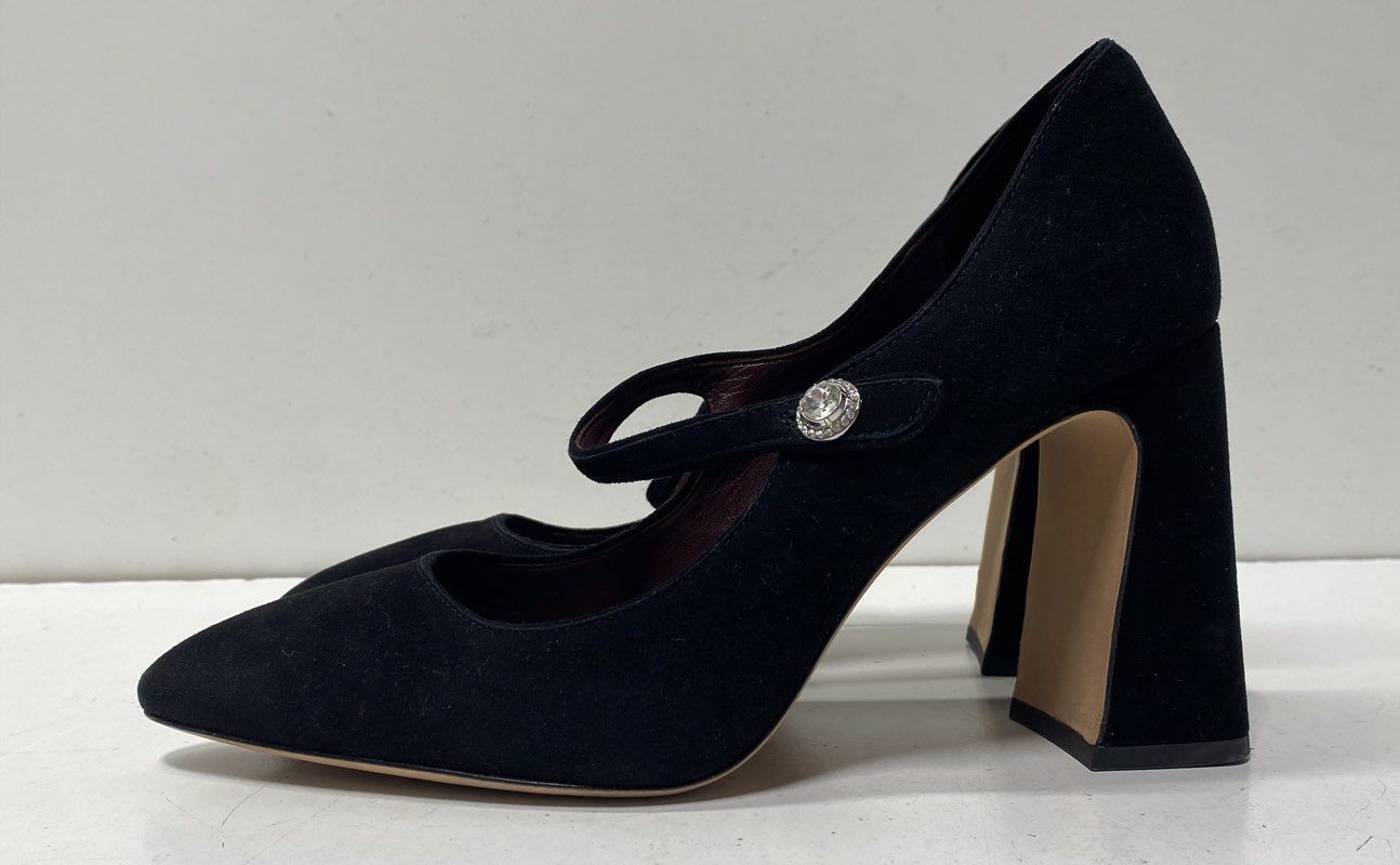 Kate Spade Maren Black Suede Mary Jane Block Heel Pumps Crystal Buckle Size 8B