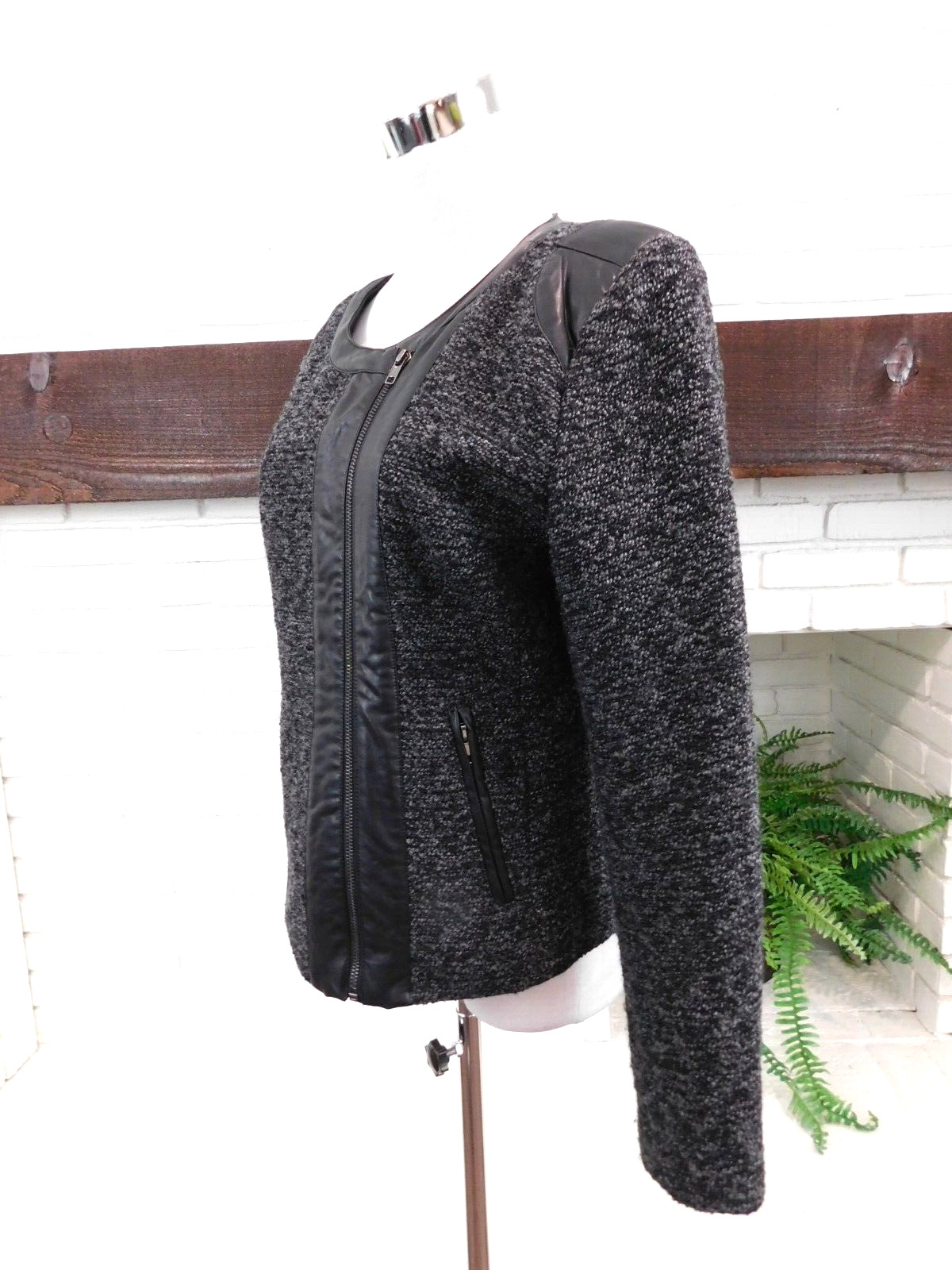 MOTO STYLE TWEED JACKET WOOL WINTER 548 SAKS FITH AVE BRAND Sz M FAUX LEATHER