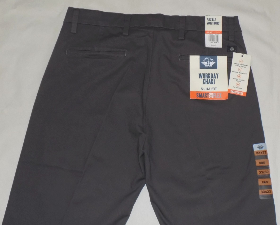DOCKERS Men’s Workday Khaki 4-Way Stretch Slim Fit Pants Dark Gray 33X32 New