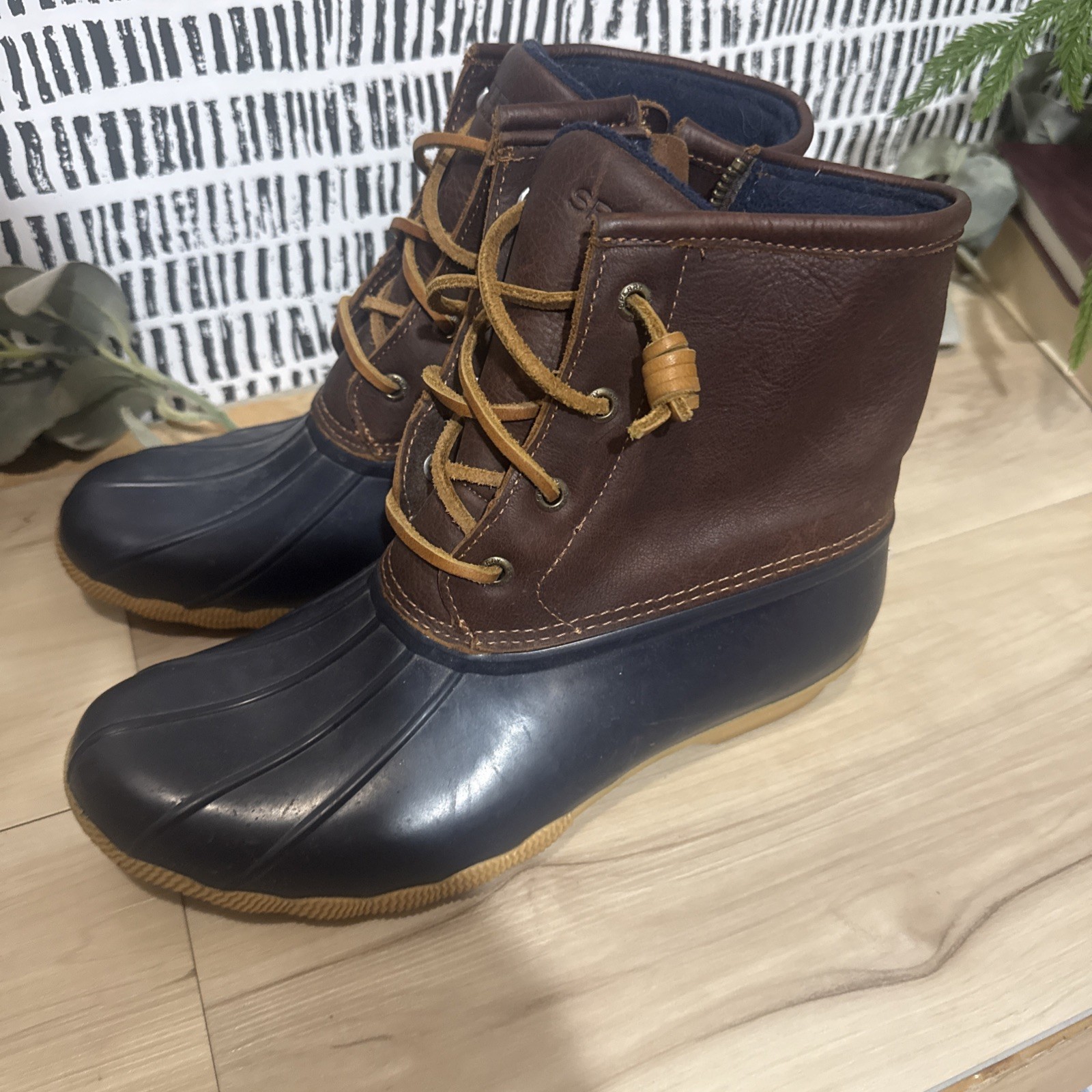 Sperry Boots Women’s Saltwater Duck Rain Boot Blue Rubber Brown Leather Size 9m