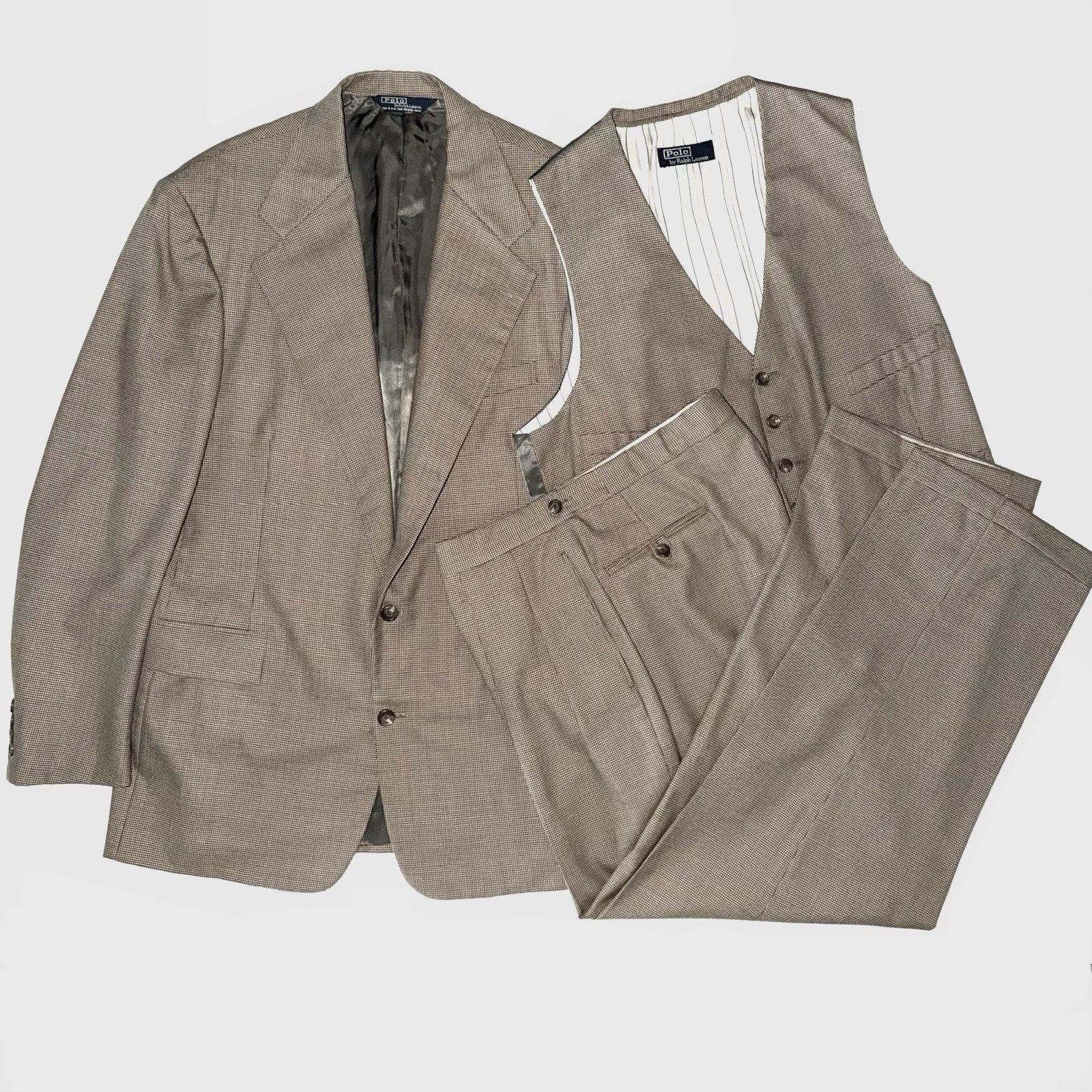 Rare Vintage POLO Ralph Lauren 3 Piece Suit Tan/Brown Puppytooth Check 44/5L USA