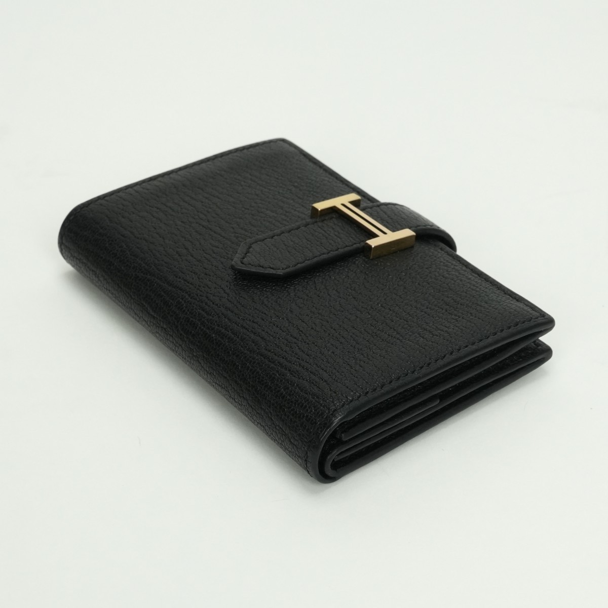 HERMES Bearn Mini Wallet Noir Black Chevre Miosor Gold HW Card Coin Case