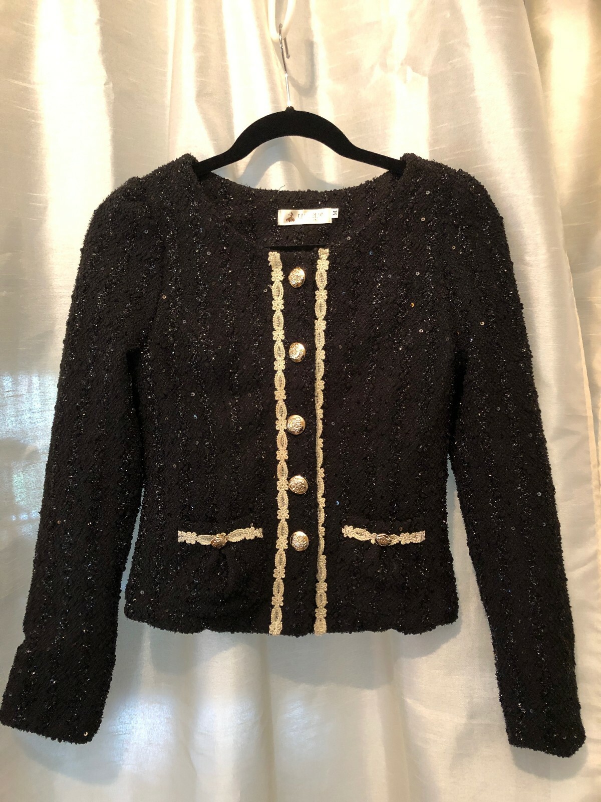Classic Cut Designer Inspired Jacket Sequined Sparkly Gold Textured Buttons MED