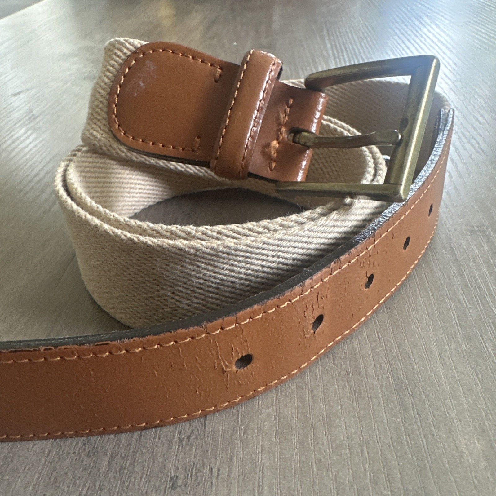Vintage Brooks Brothers Vanilla Cream Stretch Web Brown Leather Trim Belt 38