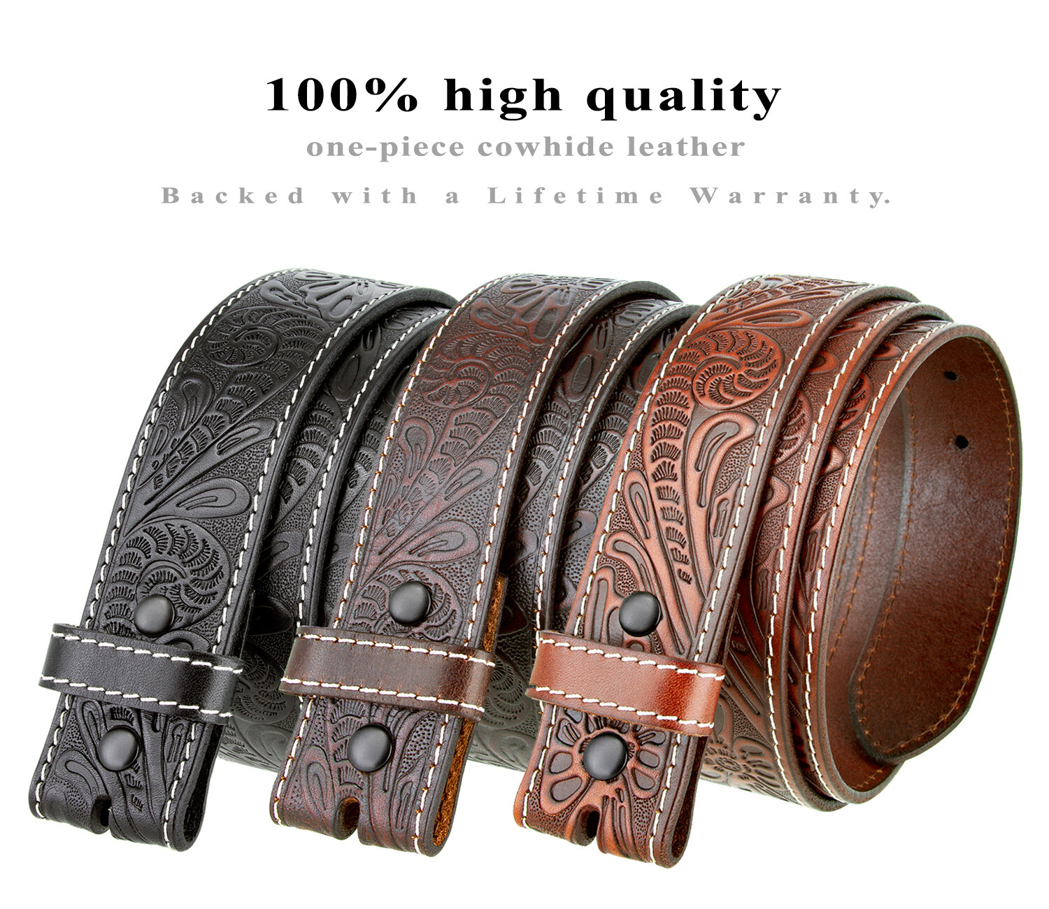 Western Floral Engraved Tooled Genuine Full Grain Leather Belt Strap 1-1/2″ Wide