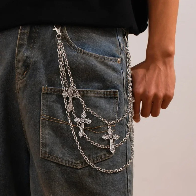 1pc Fashion Punk Metal Pants Chain Silver Cross Hip Hop Waist Accessory – NEW
