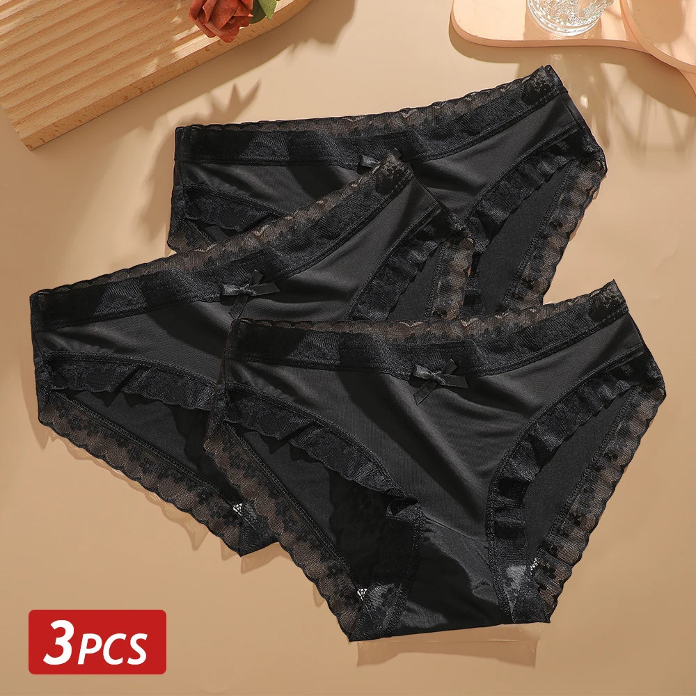 3PCS Set Seamless Ice Silk Panties Lace Perspective Ultra Thin Breathable Cool
