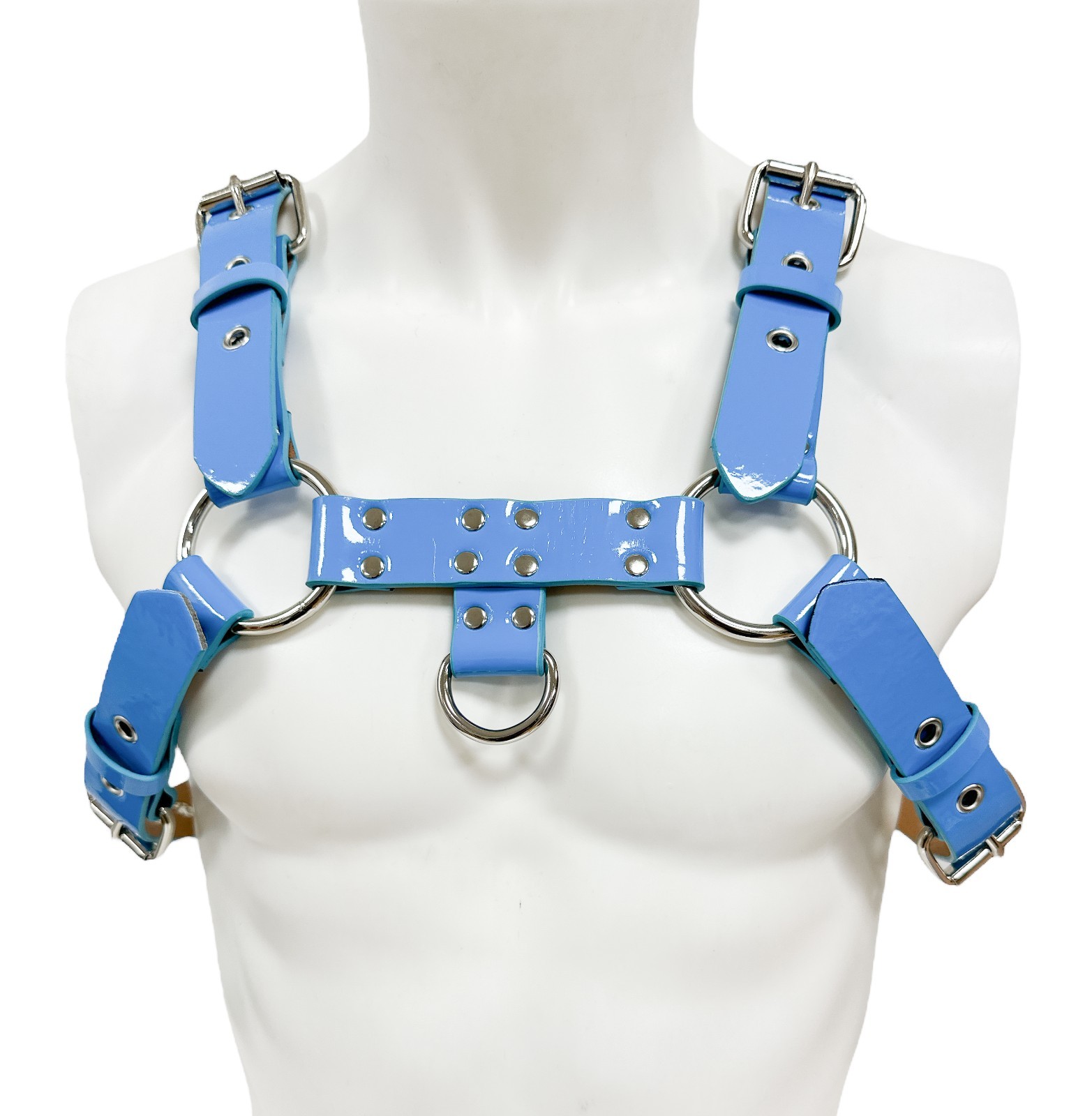 Blue Neon Patent Vegan Buckle Bulldog Harness Chest Thick Vegan Leather Pride