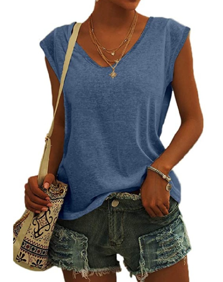 NEW Women’s Solid Color V-Neck Cap Sleeve Loose T-Shirt Sizes S-XS