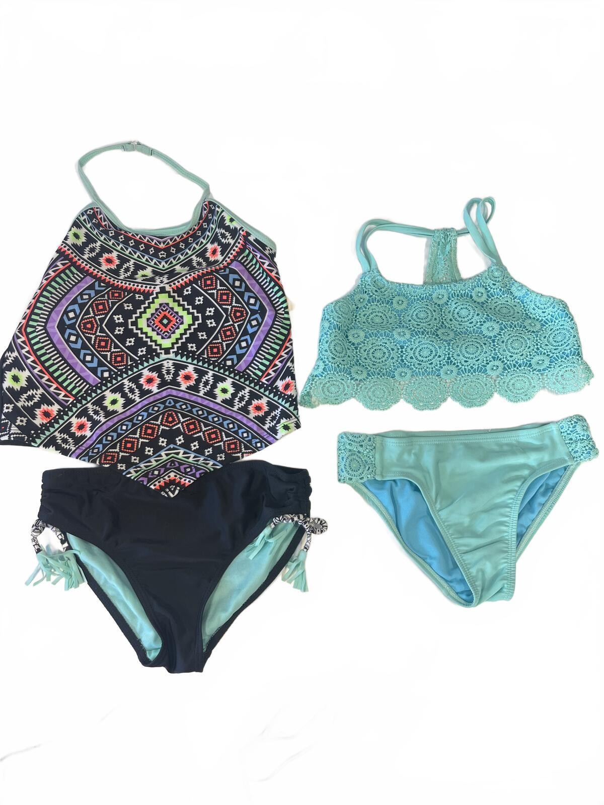 Girls Set of 2 Swimsuits Hankerchief Tankini Crochet bikini Size M 7/8 Turquoise