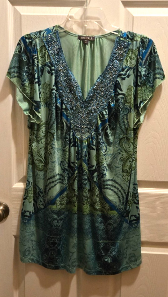 Roz & Ali Ladies Size XL Paisley Polyester/Spandex S/S Top with bling