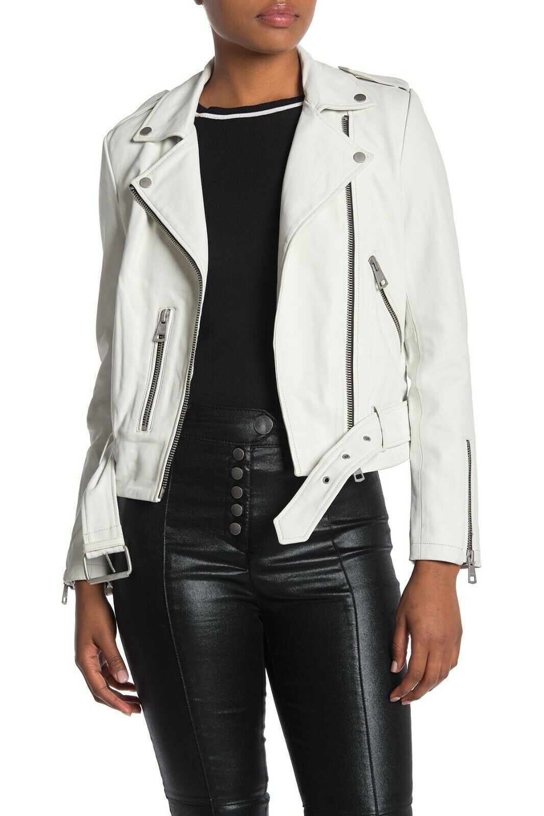 Women’s White Leather Jacket Real Lambskin Moto Biker Jacket XS S M L XL XXL-003