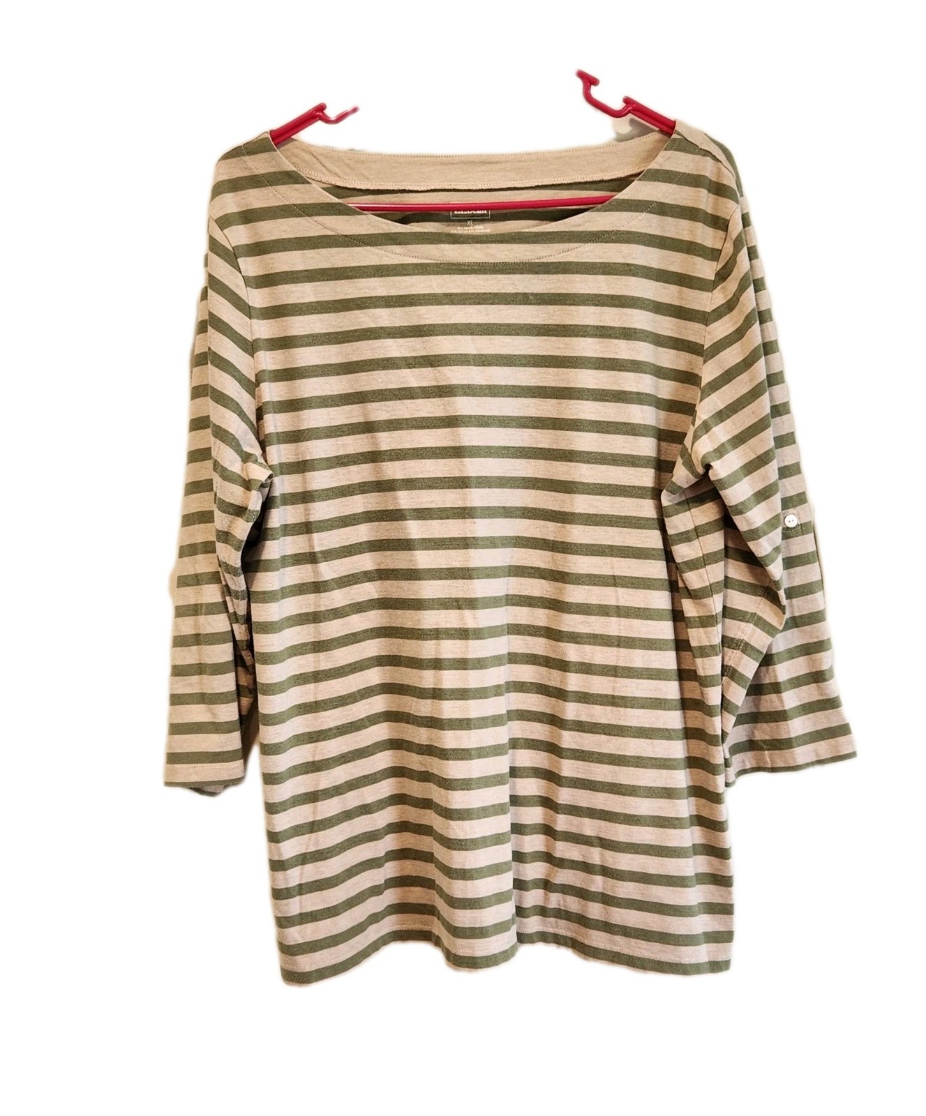 L.L.Bean Women’s XL Olive Green Beige Striped Knit Boat Neck 3/4 Roll Tab Top