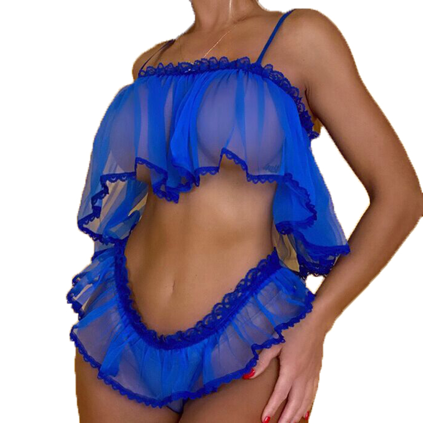 Women Sexy Lingerie Crop Top Skirted Thong Lace Trim See-through Tulle Nightwear
