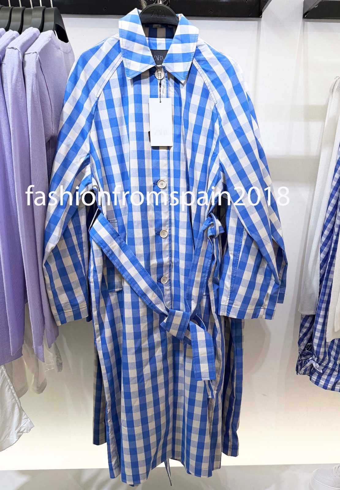 ZARA NEW WOMAN BELTED GINGHAM TRENCH COAT CHECK BLUE WHITE XS-XL 5063/700/044