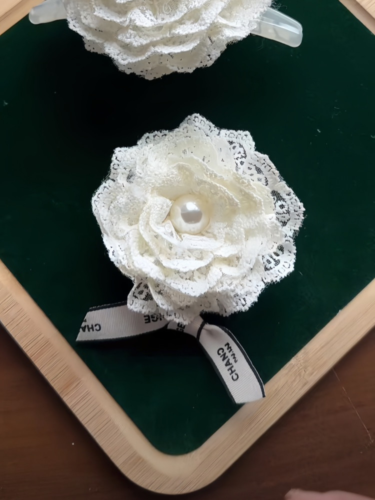 Handmade White Lace Flower Elastic Hair Band with Faux Pearl & Ribbon Bow