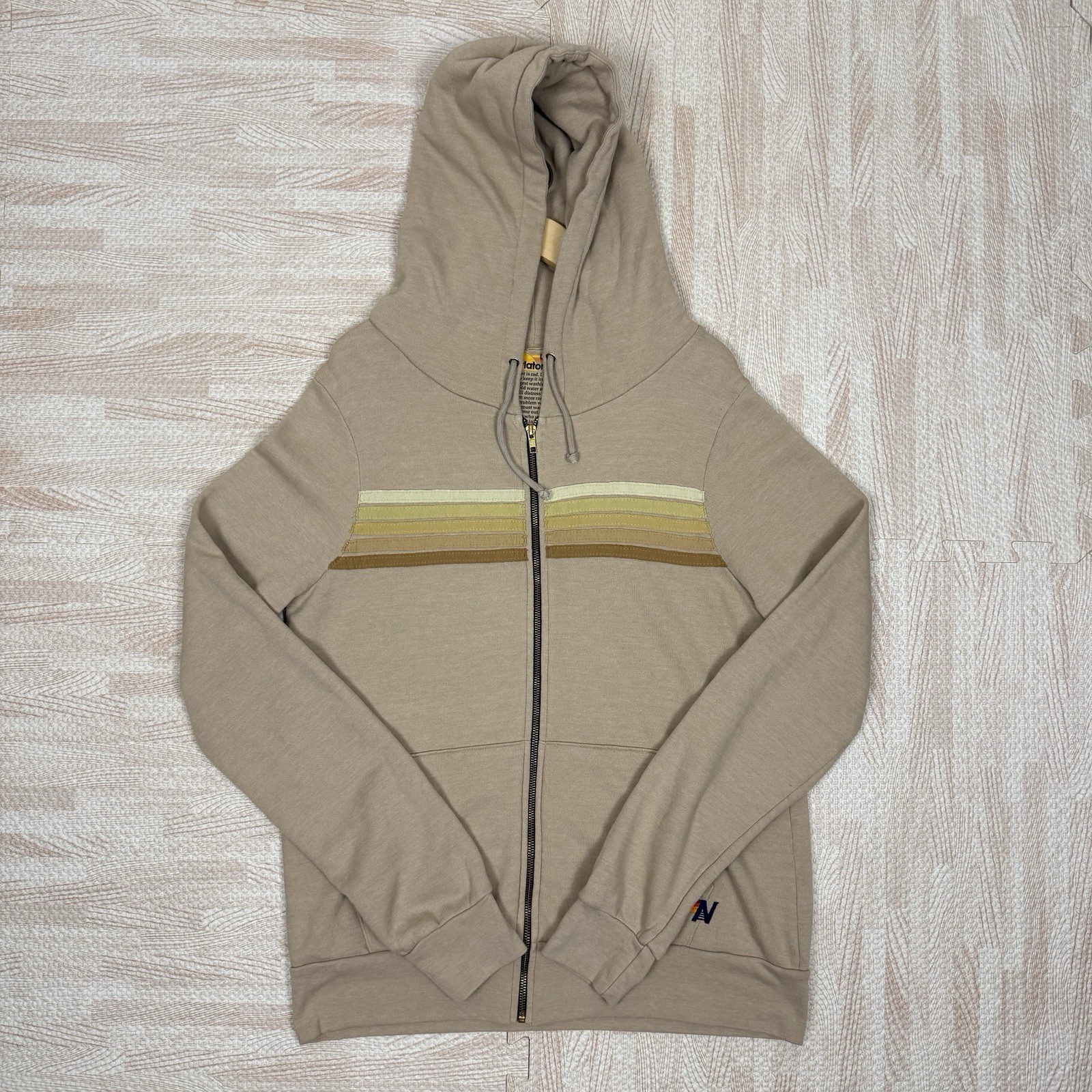 Aviator Nation Unisex Size Large 5 Stripe Hoodie LS Full Zip Hoodie In Sand/Tan
