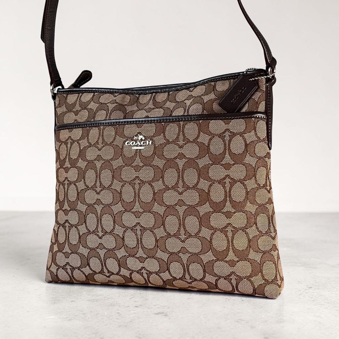 COACH Signature Canvas Crossbody Bag Brown Leather 12.6×10.2×2 inches Used