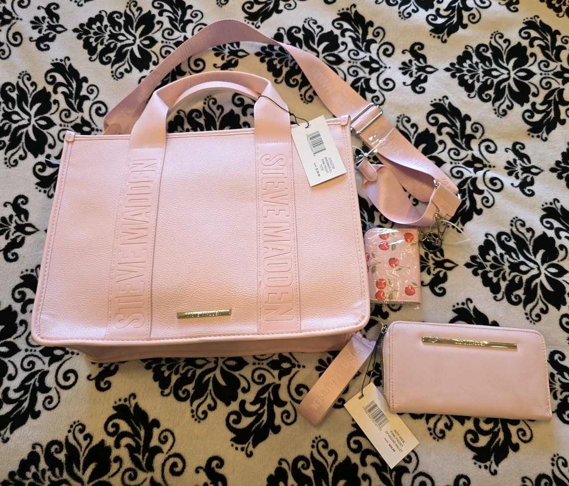NWT STEVE MADDEN BWEBBER-EL LARGE TOTE SHOULDER BAG PINK FROST PLUS WALLET! NEW