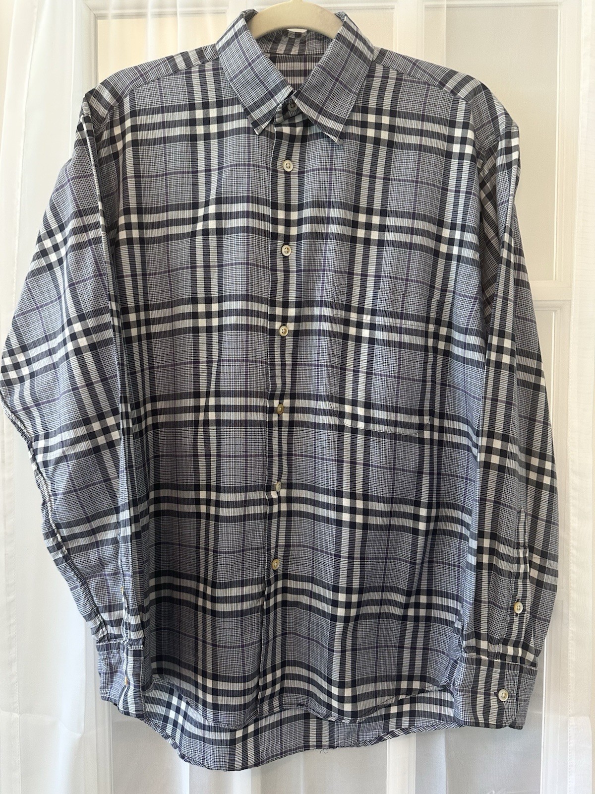 Burberry London Mens Plaid Button Front Shirt Medium Gray Purple Cotton USA