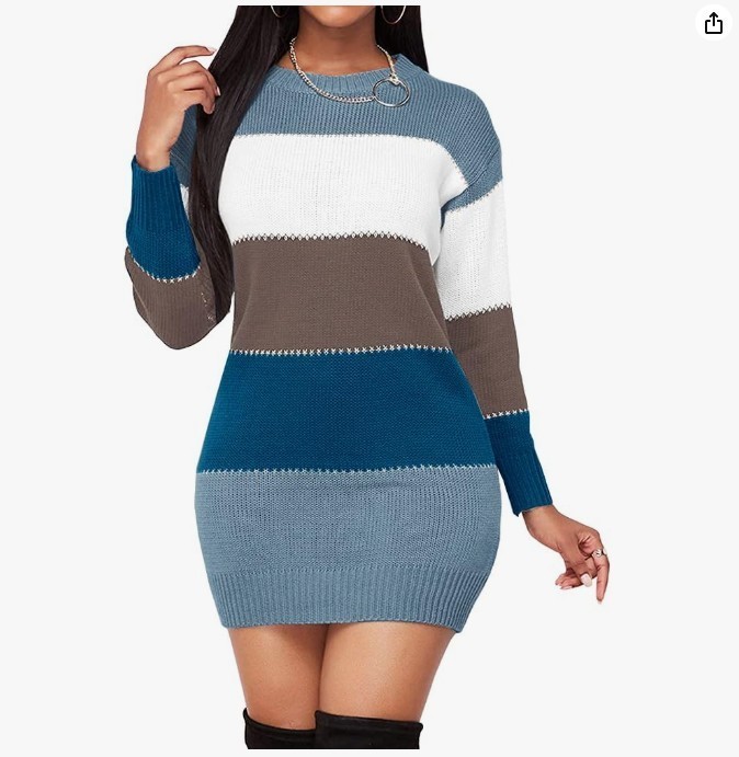 Women’s XL Blue Color Block Sweater Dress Long Sleeve Knit Bodycon