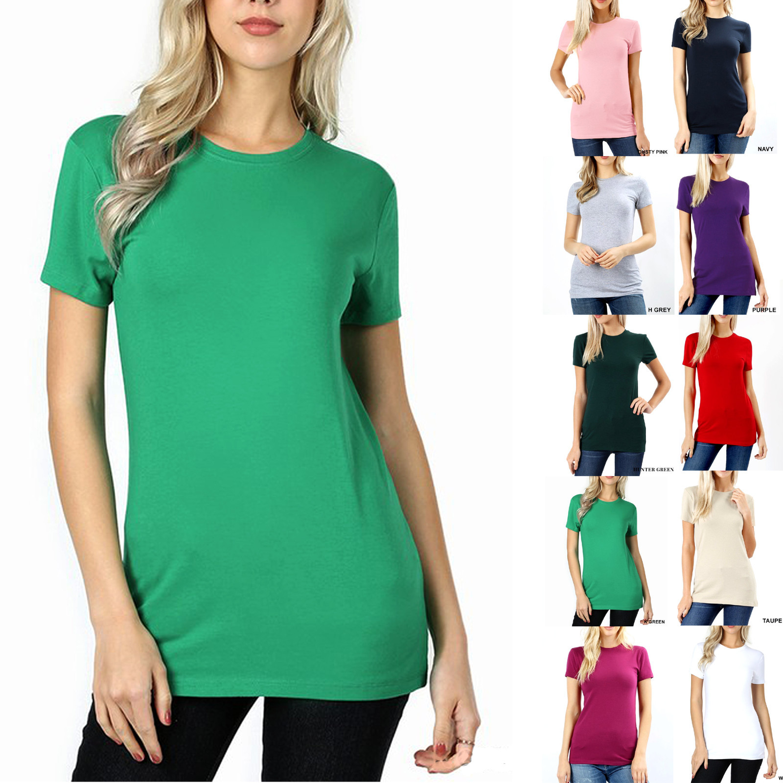 SHORT SLEEVE CREW NECK Basic Women T-Shirt Cotton Long Top Fitted Plain Stretch
