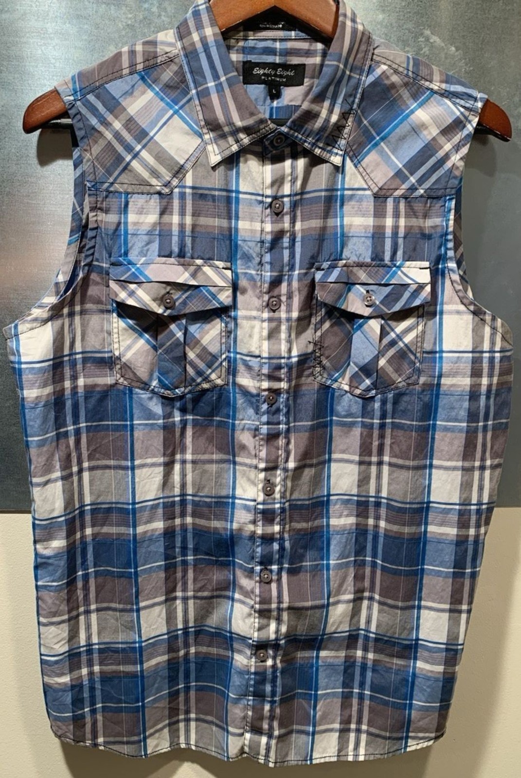 Cowboy Sleeveless Rodeo Shirt Eighty Eight Platinum Plaid Button Up Bikers Sz L