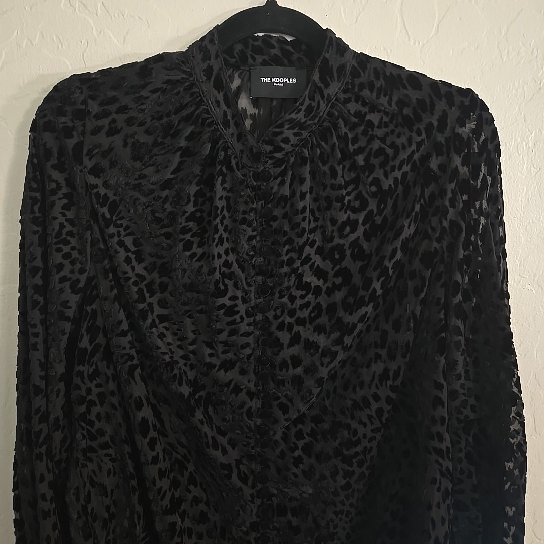 The Kooples Paris Leopard Devoré Velvet Burnout Blouse Top Black Size 2 Medium