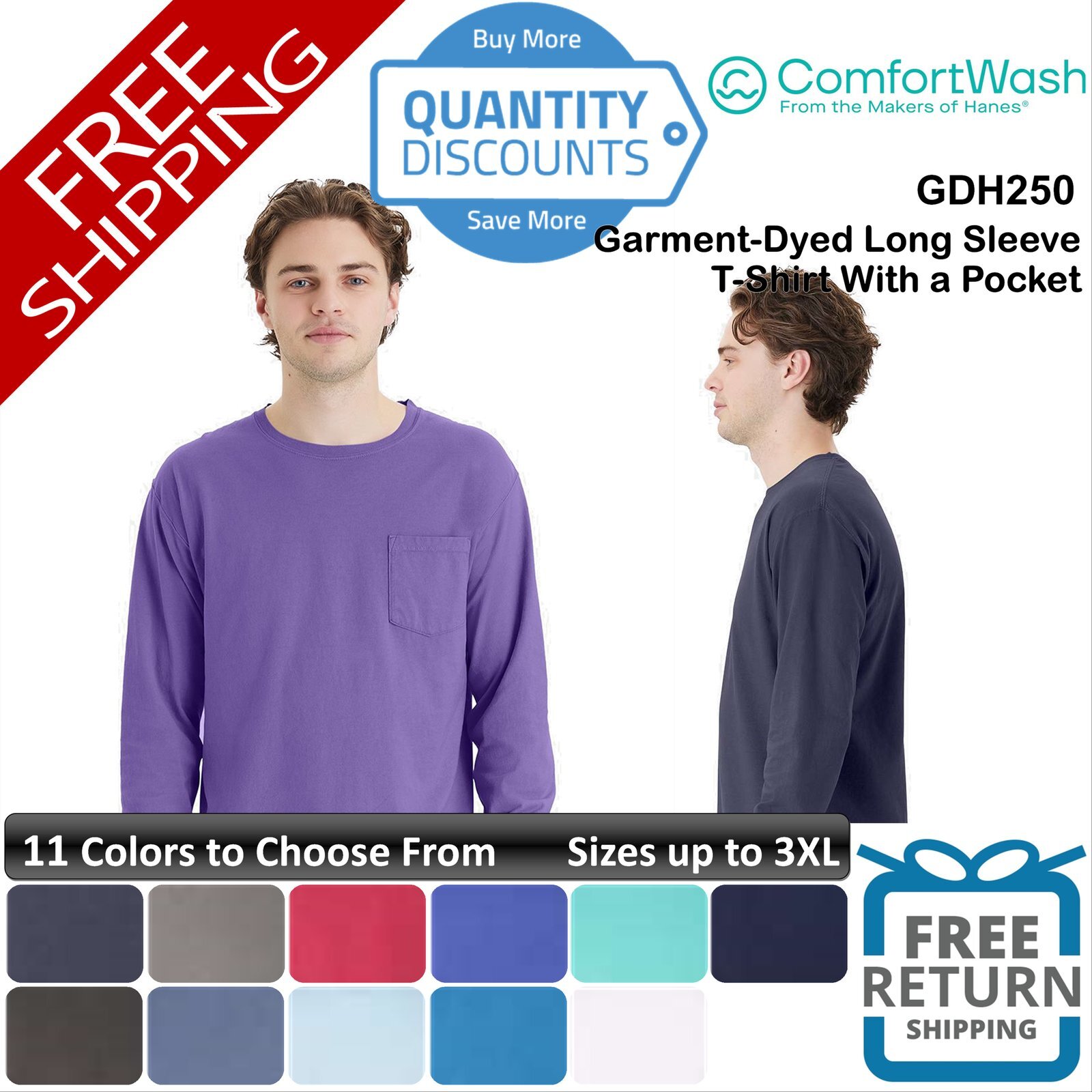 ComfortWash Men Garment-Dyed Long Sleeve T-Shirt With a Pocket Up To 3XL GDH250