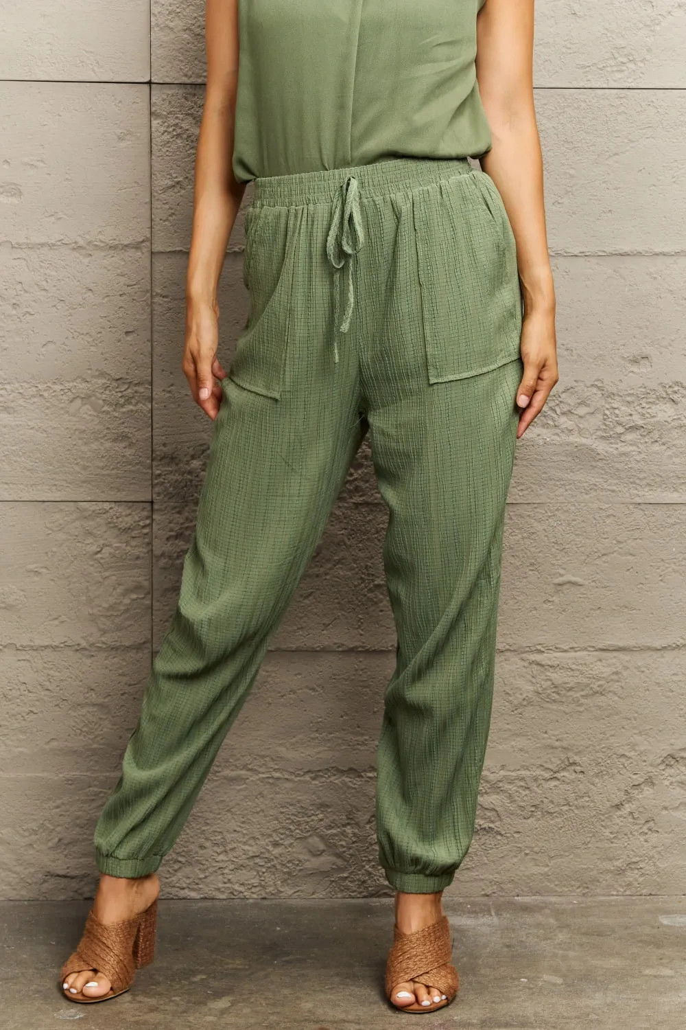 Perfee Women’s Solid Casual Tie Waist Long Pants with Pocket Matcha Green